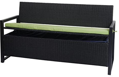 Mendler Poly-Rattan 3er Sitzbank HWC-F39AM, Gartenbank Truhenbank, Staufach Aufbewahrung Sitzkissen - anthrazit, Kissen grün