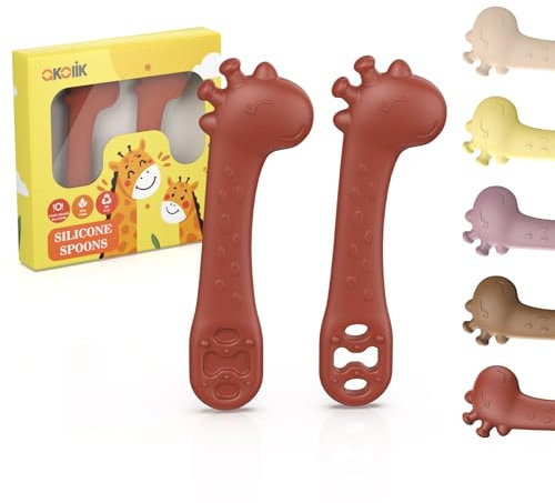 akolik Cuillère Bébé Apprentissage, Cuillère Silicone Souple, Cuillères de Sevrage, Couverts bébé Design Girafe, Cuillère de Nourrissage et Anneau de Dentition 2 en 1, Adapté aux Bébés dès 4 6+ Mois