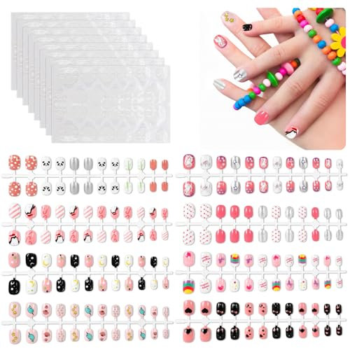 JSRQT 8Pcs Kids False Nail Tips, Full Cover Short Square Press on Nails for Children, Cute Pink Silver Animal Patterns Stick on Artificial Nail Fake Nail Strips for Kids Girls Nails Art Decoration