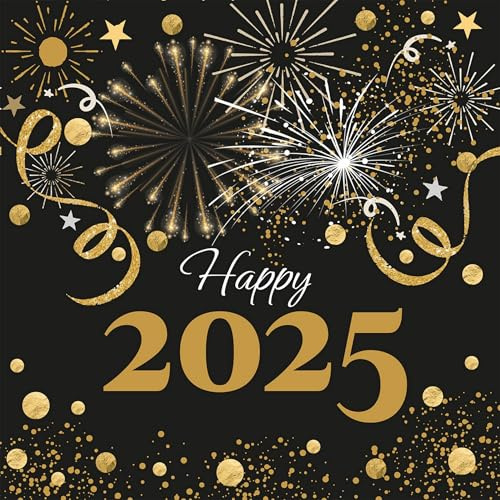 20 Servietten Silvester Jahr 2025 als Tischdeko. Papierservietten mit Motiv für das Neujahr mit Feuerwerk und Konfetti schwarz gold. Auch für Decoupage und Serviettentechnik 33x33cm
