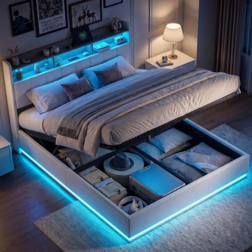 BPKADHY Bett 160x200 mit Stauraum, Polsterbett mit LED-Beleuchtung & Ladestation, Hydraulisches Stauraumbett Doppelbett Bettgestell mit Lattenrost und Kopfteil, Samt, Weiß, Ohne Matratze
