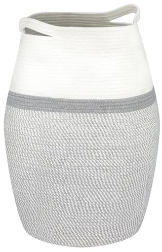GREENSAPPIRE Cotton Rope Basket 105L Laundry Basket Basket Woven Storage Basket Dirty Clothes Basket Laundry Bin With Extended Handles Toy Storage Organiser For Storage Clothes Toys (White + Grey)