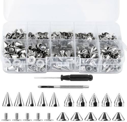 TAIANJI 150 Pcs Spikes Studs Kit, Punk Zinc Alloy Spike Studs with Screwbacks Rivet 3 Size Leather Spike Assortment for DIY Bags, Jacket, Clothes (Silver)