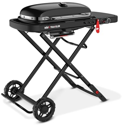 Weber Traveler Stealth Portable Gas Grill | Foldable Design with Wheels, Automatic Lid Lock, Integrated Lid Thermometer, Single Burner, 63 x 34 cm Cooking Area