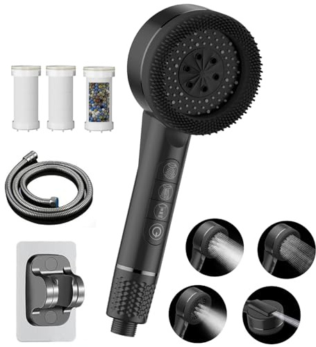 High Pressure Shower Heads, Hard Water Filter Shower Head with 1.5m Shower Hose and Shower Stand, 4 Mode with Pause Switch, Handheld Massage Powerful Shower Head for Chlorine Remove, Black