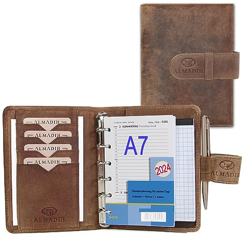 ALMADIH Leder A7 Terminplaner Kalender 2025 Notizblock Premium Rindsleder Braun Vintage Geschenkbox Ledermappe Mappe Schreibmappe Organizer Terminkalender Ringbuchmappe Mini Pocket (A7 Term BV)
