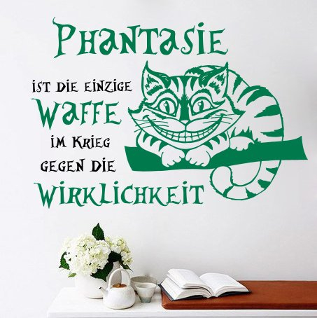 Vinyl Wandtattoo Zitat Alice im Wunderland Phantasie ist einzige Waffe im Krieg gegen Wirklichkeit Cheshire Cat Cheshire-Katze Edamer-Katze Grinsekatze Wandaufkleber Wandsticker Wohnzimmer MS193