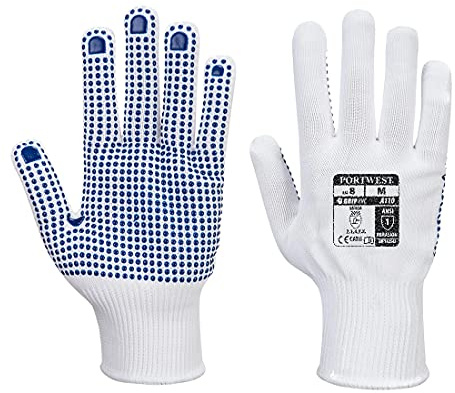 Portwest A110 Grip 13 PVC Dotted Glove Knitted Cuff Polyester Breathable | White/Blue, X Small, EN ISO 21420 Dexterity 5, CE Certified, EN 388, Jobs Requiring High Dexterity, Mechanic