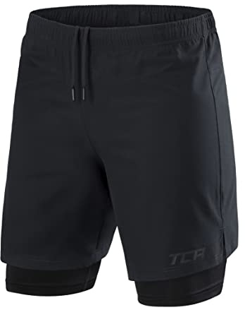 TCA Ultra Sporthose Herren kurz 2 in 1 mit Tasche - Kurze Sport Shorts Trainingshose mit Taschen - Laufhose mit Kompressions Innenhose und Reißverschluss Handytasche - Schwarz, XL