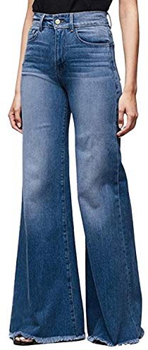 Women Wide Leg High Waisted Flared Jeans Retro Bootcut Raw Hem Denim Pants (UK 18/Tag 3XL)