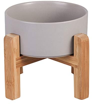 Gris Hauteur Porte-gamelle Surélevée Pet Gamelles pour Chien et Chat Gamelles Chien Chat Céramique avec Bambou Support en Bois
