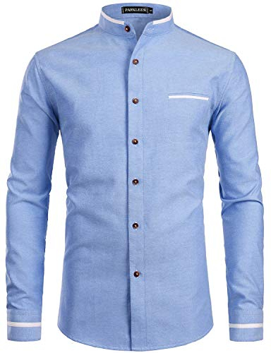 PARKLEES Mens Hipster Design Grandad Collar Oxford Shirt Slim Fit Long Sleeve Casual Button Down Dress Shirts with Pocket Light Blue L