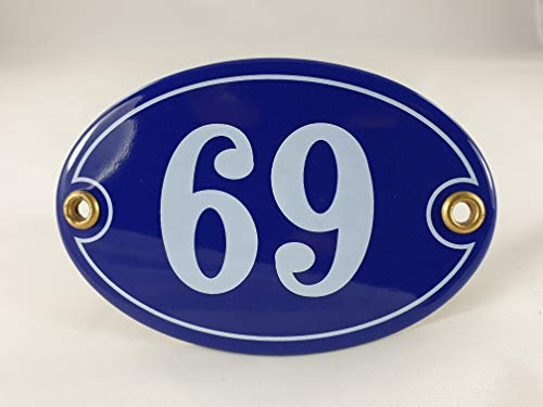 Numero civico smaltato n. 69, ovale, blu e bianco, fatto a mano