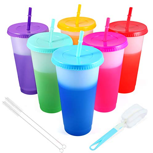 EASEVE Colour Changing Cups Tumblers with Lids & Straws - 6 Pack 24oz Reusable Plastic Cups Iced Coffee Cup Cold Water Color Change Party Tumbler for Kids Children Adults Travel Mugs for Drinks