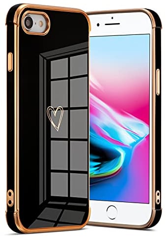 ZTOFERA Silicone Case for iPhone SE 3 (2022) 5G/7/8/SE 2 (2020), Girls Women Cute Heart Case Golden Edging Shockproof Bumper Flexible Slim Cover, Black