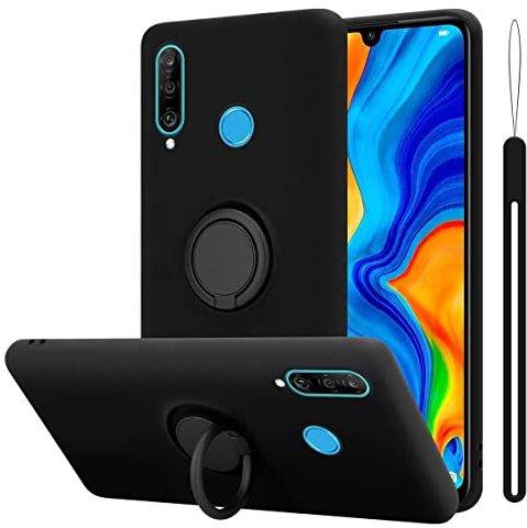 Cadorabo Hülle kompatibel mit Huawei P30 LITE Schutzhülle TPU Silikon Case Liquid Design mit Ring Slim Kratzfest Liquidsilikon Microfaser Case Hülle für Huawei P30 LITE in Schwarz