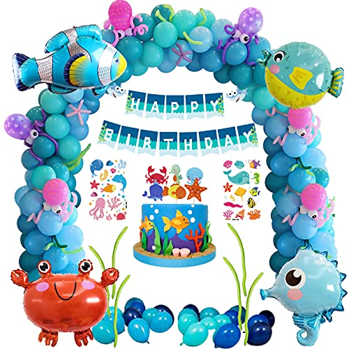 Geburtstagsdeko Meer Jungen Mädchen, Deko Unterwasserwelt Kindergeburtstag Luftballon Girlande Blau mit Ballons Meerestiere Delfin Birthday Banner Ozean Geburtstag Party Deko für Kinder