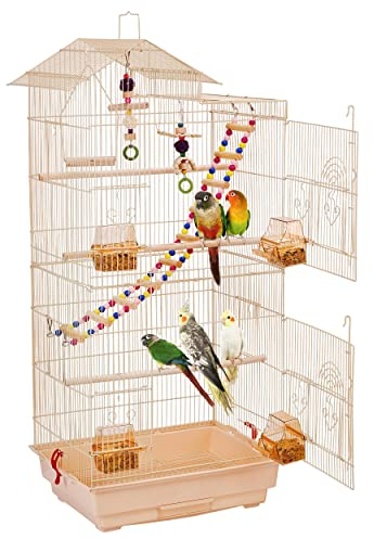 Yaheetech Vogelkäfig mit Vogelspielzeuge Käfigspielzeug Wellensittichkäfig Nymphensittiche Fink-Papageien-Käfig mit Vogeltreppe Almond