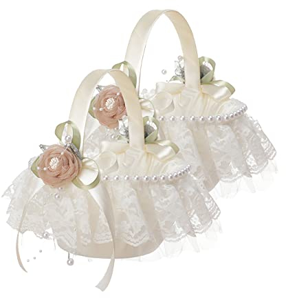 Fofetbfo Hochzeitskorb für Blumenmädchen, weiße Spitze mit Seidenrose und Perle, eleganter Satin-Blumenkorb für Hochzeitszeremonie, Party-Dekoration, 2 Stück