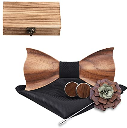 Mr.Van Holzfliege Klassische Set Fliege Herren,Holzfliege, Holz Manschettenknöpfe, Holzbrosche, Einstecktuch für Hochzeiten, Aufführungen, Abschlussball, Partei und sogar tägliche Gebrauch