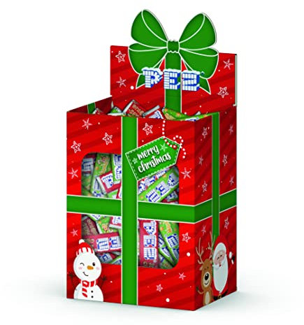 PEZ Boîte au Design Noël de 50 Recharges de Bonbons Parfums exclusif -Mandarine et Cookies-Idéal à partager-Une touche colorée et gourmande pour une soirée de fête.