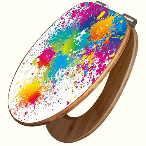 banjado Design WC Sitz Bambus Absenkautomatik 45,8x37,5cm / Toilettendeckel mit Absenkautomatik Holz/hochwertiger Bambus Klodeckel/WC-Sitz für gängigen Toiletten/Motiv Farbspritzer