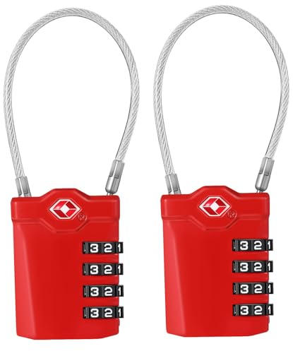 ZHEGE TSA Schlösser, TSA Gepäckschloss 4 Stellig, Zahlenschloss Koffer, Kabelschloss, Kofferschloss, Reiseschloss, Kleines Vorhängeschloss Zahlenschloss für Gepäck, Rucksack, Koffer (2 Stücke, Rot)