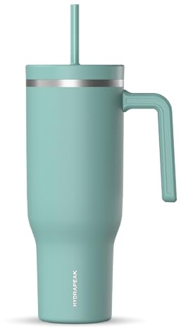 Hydrapeak Voyager Edelstahlbecher mit Griff, isolierte Wasserflasche mit Strohhalm und Deckel, Becherhalterfreundlich, wiederverwendbar, Reisebecher, Blasses Salbei, 1,2 l