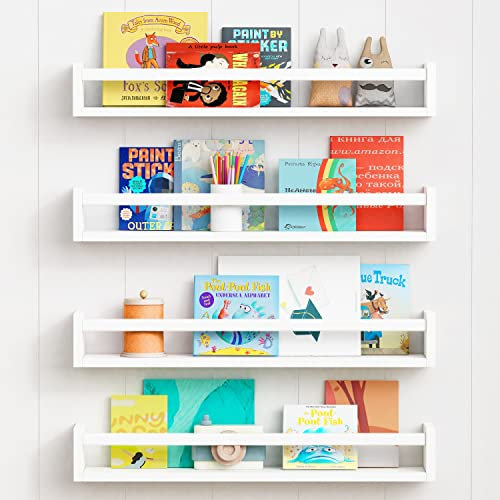 Forbena 61 cm Wand-Bücherregal für Kinderzimmer, 4 Stück, weiß, schwebende Kinderzimmer, Bücherregale für Baby, Kleinkind, Kinder, große Holzwandhalterung, Bücherregale und Spielzeugaufbewahrung