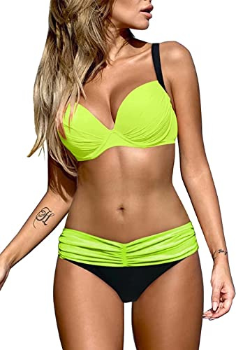 Dokotoo Damen Bikini Set Sexy Push Up Badeanzug Zweiteilige Bademode Swimsuit Gelb XXL