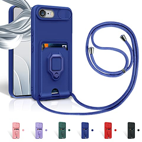 Aithne Case für iPhone 6/6S/7/8/iPhone SE 2022 Handykette Hüll,Slide kameraschutz,Silikon Handyhülle zum Umhängen Kette,360 Grad Ringhalter Stand Kartenfach-Blau