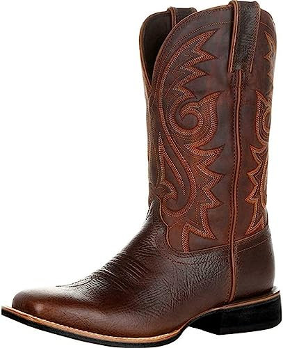 furlinkhm Western-Cowboystiefel für Herren, Westernstiefel mit quadratischem Zehenbereich, Retro-Lederstickerei, lässiger breiter Absatz, breite Wade, zum Überziehen, Braun, 44 EU