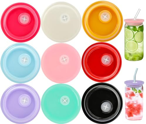 FWUNYVN 9Pcs Acrylic Lids for 16 oz/20 oz Glass Cups with Lids and Straws, Colored Glass Beer Can Replacement Lids, Reusable Cup Cover for Coffee Tea Whiskey Drinking Tumbler Cup(9Pcs)