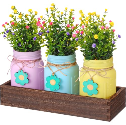 Domensi Oster-Tischdekorationsset, rustikales Holztablett mit künstlichen bunten Blumen, Grünpflanzen, Einmachglas, Holzanhänger für Ostern, Frühling, Esstisch, Tafelaufsatz