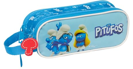 Safta LOS Schlümpfe Doppelmäppchen für Kinder, ideal für Kinder im Schulalter, bequem und vielseitig, Qualität und Widerstandsfähigkeit, 21 x 6 x 8 cm, Hellblau/Blau, Himmelblau/Blau, Estándar,