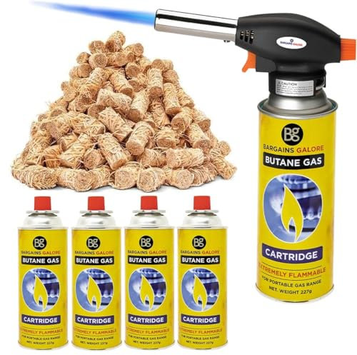 3 in 1 BBQ Cooking Kit - Includes Blow Torch, 4 Butane Gas Bottles & 200 Eco Friendly Firelighters | Ideal for Camping, Hiking & Emergency Fire Lighter for Log Burners | Camping Gear Set