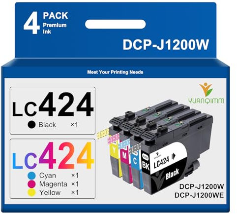 YUANQIMM LC424 LC 424 Patronen Kompatibel für Brother LC424 LC-424VAL Druckerpatronen für Brother DCP-J1200W Druckerpatronen DCP-J1200WE DCP J1200W DCP J1200WE (LC424BK LC424C LC424M LC424Y, 4 Pack)