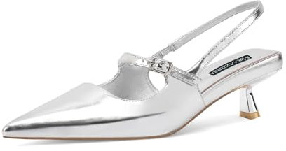MIRAAZZURRA Donna Kitten Heel Slingbacks Pizzo Punta Decolleté Tacco basso Slip On Scarpe con Cinturino Fibbia per Incontri Feste Lavori, argento, 36 EU