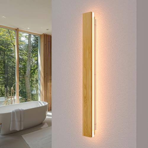 AOEH LED Wandleuchte Innen Holz Wandlampe Dimmbare Mit Fernbedienung Lange Wandleuchte Aus Bambus 29W Lampen Holz Wandbeleuchtung Modern Wandlampe Für Schlafzimmer Wohnzimmer Flur Treppenhaus,80cm