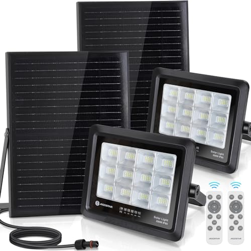 Aigostar Solarstrahler Außen Mit Fernbedienung 200W LED Strahler Außen Solar, Kaltweiß 6500K,IP65 Wasserdicht Solar Außenstrahler Einstellbare Helligkeit und Timing für Garten, Hof, Garage, etc.2 PCS