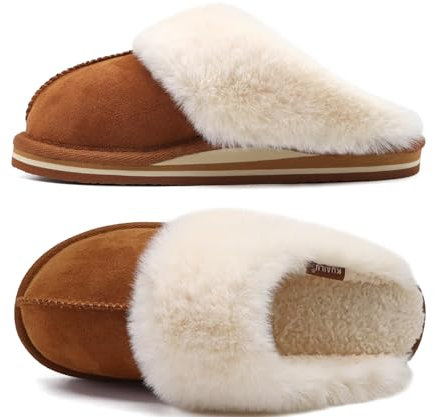 KuaiLu Hausschuhe Damen Plüsch Geschlossen Winter Warme Pantoffeln Frauen Kuschel Memory Fussbett Hause Slippers Rutschfest Feste Sohle Hüttenschuhe Indoor Outdoor Khaki 39