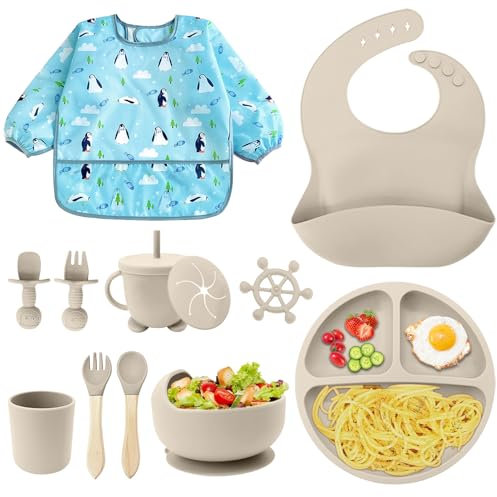 NATNAV Vajilla de Bebé Silicona con Ventosa, 11 piezas Baby Weaning Juegos de vajilla infantil,Cubiertos con plato ventosa, Plato Bebe Ventosa,Tenedor con mango de madera,Delantal (Beige)