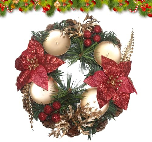 PLUSHCEWT Couronne de Table pour Noël Couronne de L'avent avec des Pommes de Pin Baies Couronne décorative avec 4 photophores Bougeoir Table Centre de Table Décoration de Bureau diamètre 23cm