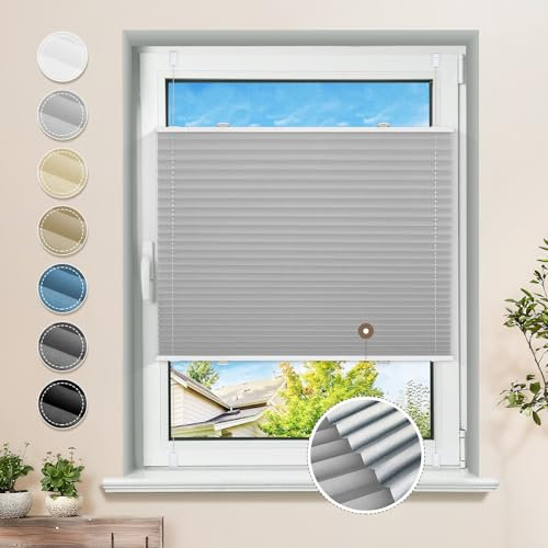 Plissee ohne Bohren Verdunkelung Klemmfix Hellgrau 90x130cm Thermo Plissees 100% Verdunklung Rollos für Fenster & Tür Verdunklungsplissee ohne Bohren Sichtschutz und Sonnenschutz