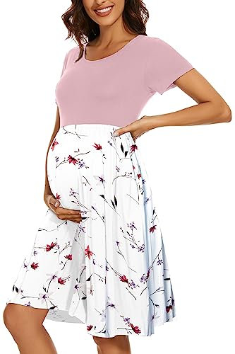 WOOXIO Robe de maternité à manches courtes avec poches pour femme, Rose floral blanc, XL