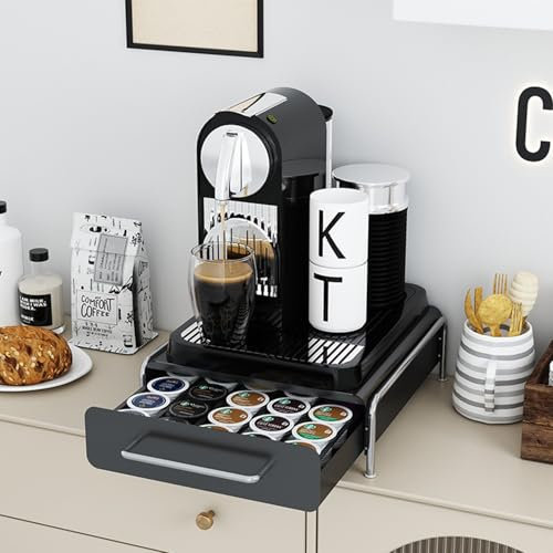 Cassetto per Capsule di Caffè in Acciaio al Carbonio - Organizer e Supporto per Capsule, Porta Tazza K - per Cucina e Bar, 30 x 32 x 9 cm