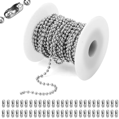 10m Kugelkette Edelstahl, Edelstahl Perlen Rollenkette mit 50 Passenden Anschlüssen, Kugelkette Verschluss, Kugelkette für DIY Schmuckherstellung, Halsketten, Armbänder, Schlüsselanhänger (Silber)