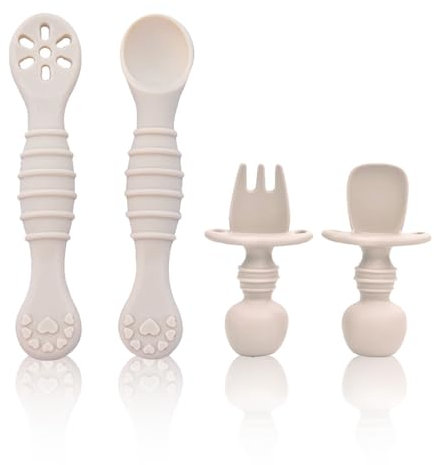 Couverts Apprentissage Bébé, 4 Pièces Cuillere Bebe Apprentissage, Cuillere Silicone Bébé, Cuillere pour Bébé, Flexible pour Nourrisson Enfant Petit Enfant à Partir