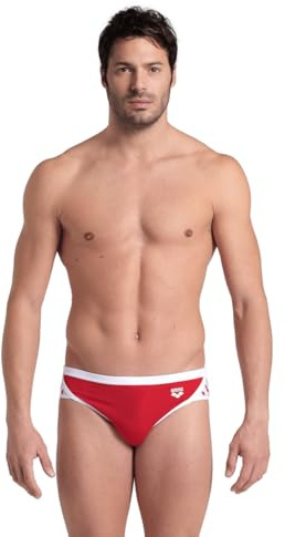 ARENA Men's Standard Icons Solid Swim Briefs Professional Training Swimsuit Sports Trunk, Red/White, 34