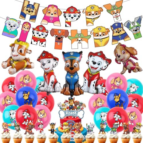 Deluisho Dog Patrol Balloons, Dog Birthday Decorations, Kids' Party Balloons Party Decorations Cartoon Happy Birthday Banner, Big Aluminium Foil Balloon